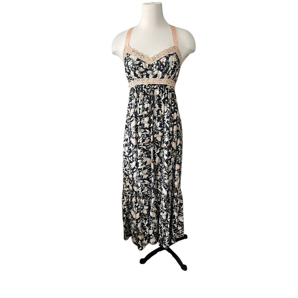 Mine Floral Tiered Midi Dress Women's Medium Lace Trim Cottagecore Boho Coquette